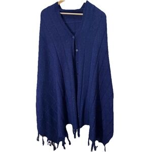 LuLaRoe Women's Mimi Shawl Wrap O/S Blue Knit Button Front Tassel Fringe Poncho